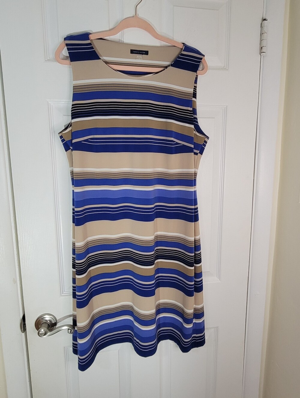 Tommy Hilfiger Women Size 14 Sleeveless Blue and Tan Striped A-Line Dress